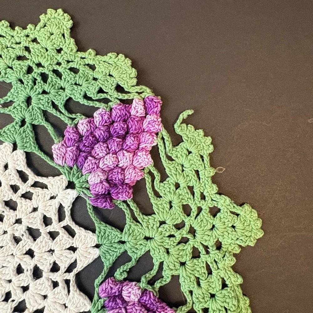 Vintage (2) Handmade Crochet Doily 3D Purple Grape Cluster Design 10.5